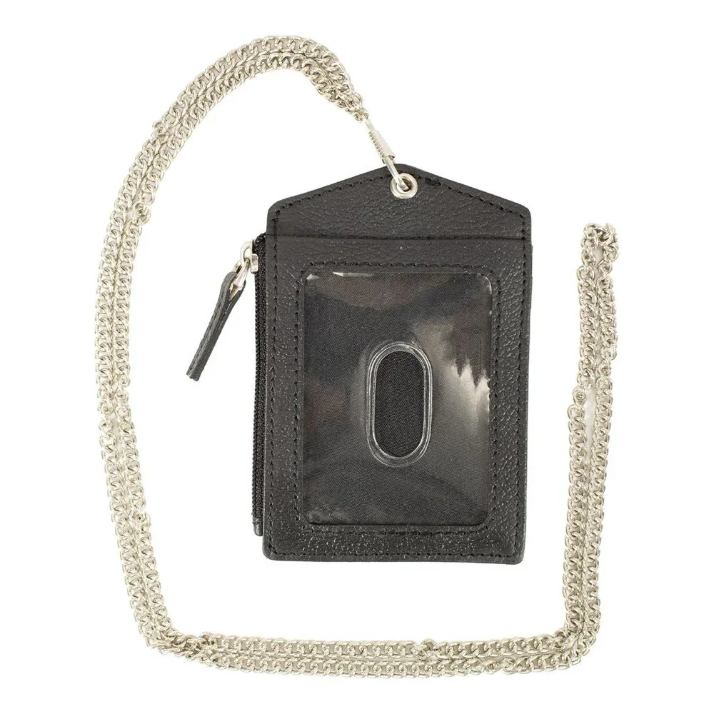 ID lanyard Card Holder in Genuine Leather, Black